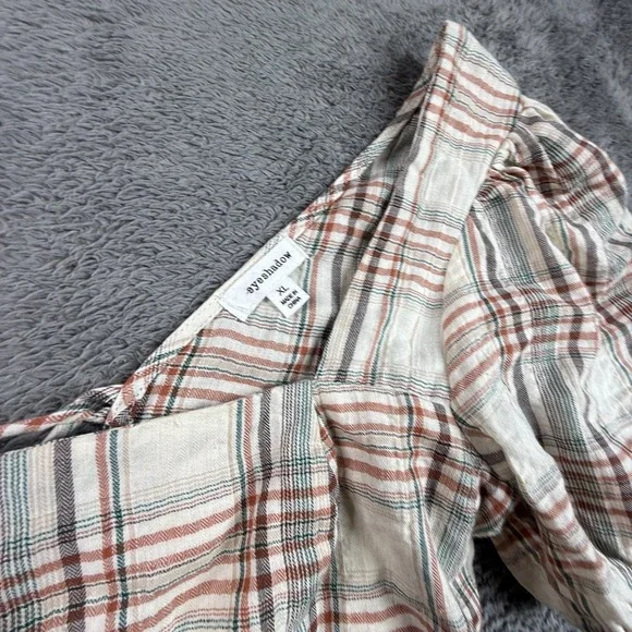 Eyeshadow NEW XL Plaid Mini Dress Puff Sleeve Lace Up Front Cotton CottageCore - Picture 4 of 7